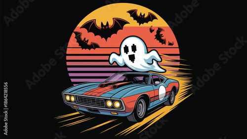 Retro Car with Ghost and Bats on Sunset Background