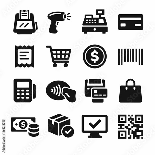 Retail icons collection: shopping carts, payment devices, qr codes, and currency symbols