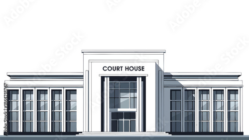 Illustration of a white courthouse building with columns and large windows on a plain background.
