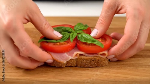 Fresh ingredients for preparing a sandwich on wooden surface