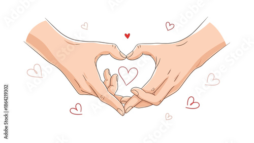 Loving hands forming heart shape with fingers and hearts around