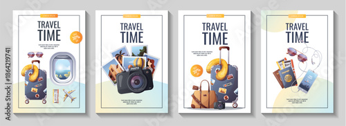 Set of flyers for travel, tourism, adventure, journey. Suitcase, airplane, camera, travel bag, passport and tickets. A4 vector illustration, flyer, cover, banner template.

