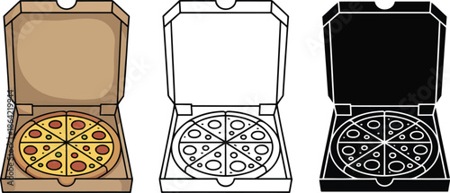 Pizza box silhouette & Outline and illustration set isolated on transparent background