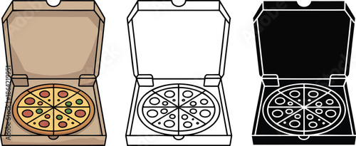 Pizza box silhouette & Outline and illustration set isolated on transparent background