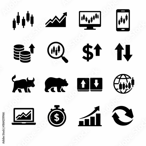 Financial market icon set: bull, bear, graphs, charts, and more