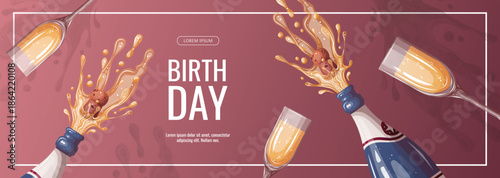 Birthday promo sale flyer with champagne and glasses. Birthday party, celebration, holiday, event, festive, congratulations concept. Vector illustration. Banner, flyer, advertising.

