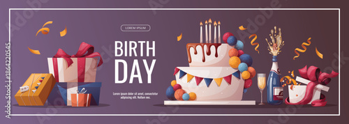 Birthday promo banner with cake, champagne, gifts, confetti. Birthday party, celebration, holiday, event, festive concept. Vector illustration. Banner, flyer, advertising.

