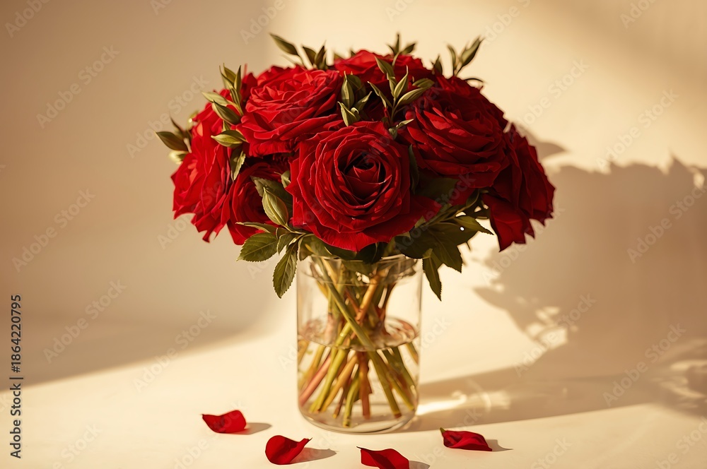 Fototapeta premium Valentine's Day floral arrangement with red roses in a clear vase on a white surface with dramatic lighting