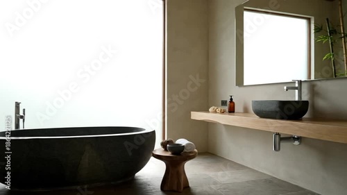 Minimalist bathroom with tub and bamboo decor