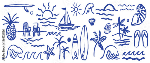 Hand-drawn doodles of summer vacation beach elements, including surfboards, palm trees, and ocean waves