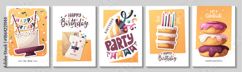 Birthday cards with cakes, birthday donuts, candles, party hat. Handwritten lettering. Birthday party, celebration, congratulations, invitation concept. Vector illustration. Postcard, card, cover.

