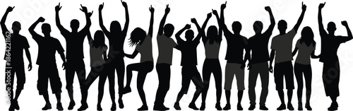 Silhouette group of people dancing and celebrating with raised arms, expressing joy, unity, movement, and festive social energy.