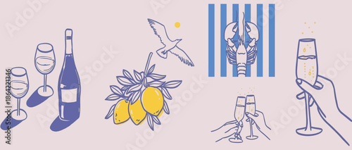 Festive Toast with Champagne and Lemon Branches Under a Seagull and Lobster Motif