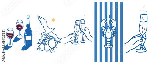 Celebratory Toast with Lobster and Wine Amidst Seagulls and Citrus