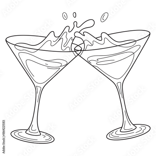 Dynamic monochrome illustration of two elegant cocktail glasses clinking in a celebratory toast, with liquid splashing to symbolize joy and festive moments
