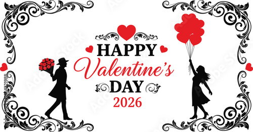 Happy Valentine’s Day 2026 romantic vintage frame with couple silhouettes balloons hearts and decorative floral ornaments