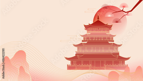 Minimalist vector illustration of a traditional Asian pagoda with red sun, clouds and cranes, symbolizing Lunar New Year celebration, ideal for holiday greetings, banners and cultural designs.