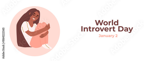Vector banner for World Introvert Day, January 2nd. Illustration of a dark-skinned woman in a circular space. Concept of an introvert with an inclusive focus.