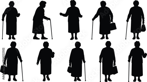 Silhouettes of elderly individuals in coats with canes and handbags, black figures, transparent background, aging and mobility illustration