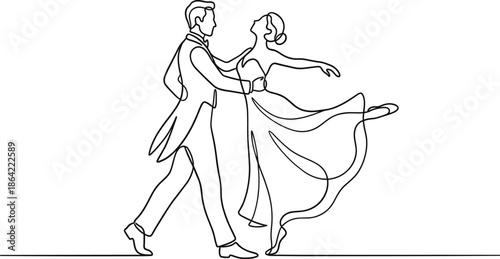 Continuous line drawing of elegant couple in formal attire performing graceful ballroom dance waltz for wedding celebration or romantic gala event