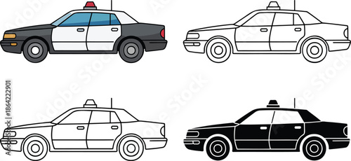 Police Car silhouette & Outline and illustration set isolated on transparent background