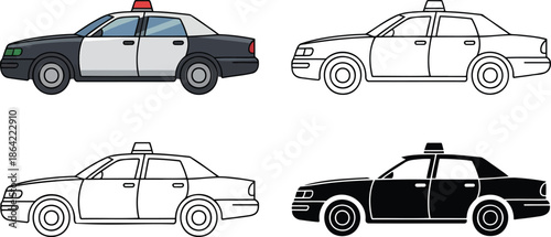 Police Car silhouette & Outline and illustration set isolated on transparent background