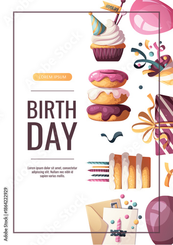 Birthday flyer with cakes, gifts, balloons, party hat, donuts, cupcake. Birthday party, celebration, congratulations, invitation concept. Vector illustration.

