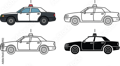 Police Car silhouette & Outline and illustration set isolated on transparent background