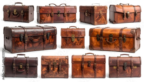 Collection of vintage leather suitcases isolated on white background for travel