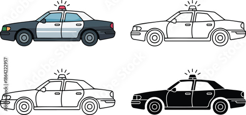 Police Car silhouette & Outline and illustration set isolated on transparent background