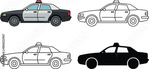 Police Car silhouette & Outline and illustration set isolated on transparent background