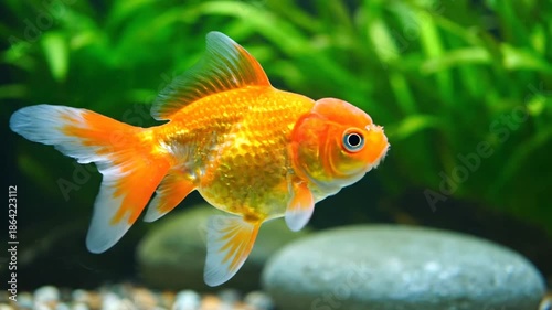 Orange goldfish swimming in aquarium with green plants
