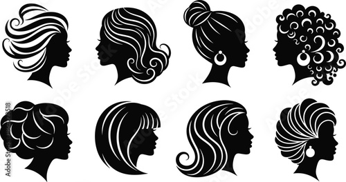 Silhouettes of women with diverse hairstyles, black profiles, transparent background, fashion and beauty illustration for hair styling concepts
