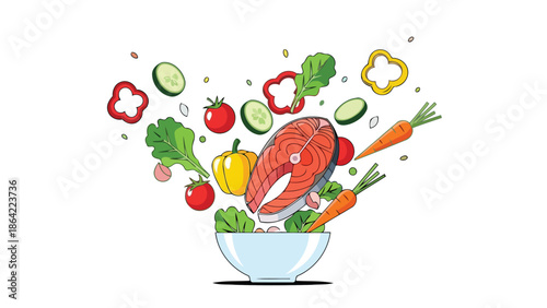 A dynamic concept of a salmon salad being tossed or falling into a glass bowl.