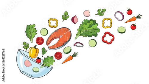 Fresh salmon salad ingredients falling into glass bowl isolated on white