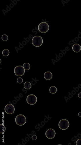 Soap bubbles rising overlay on black background includes green screen and alpha matte, 3d animation.
