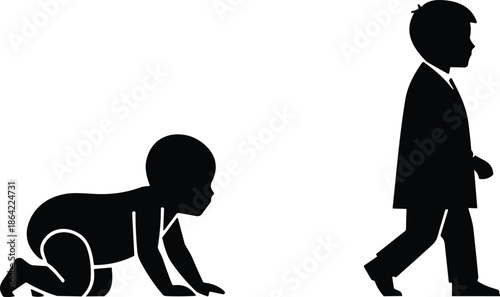 Child development stages silhouette illustration showing baby crawling and young boy walking forward isolated on white background for growth concept design