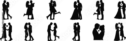 Romantic couple silhouettes collection showing love intimacy dancing and affectionate moments isolated on white background for relationship and lifestyle design