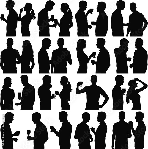 Silhouettes of people holding drinks at a social gathering