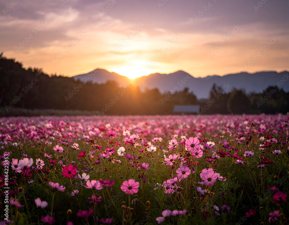Fototapeta premium Cosmos flowers blooming in a field with mountains at sunset golden hour