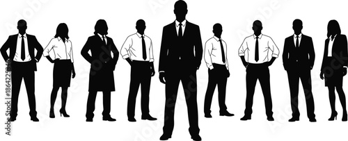 Business team silhouettes with confident leader standing front representing corporate leadership teamwork management success concept isolated on white background