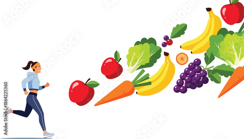 Young woman jogging with trail of fresh fruits and vegetables