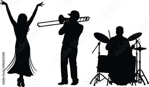 Jazz music performance silhouettes featuring dancer trombone player and drummer isolated black vector illustration for concert entertainment design