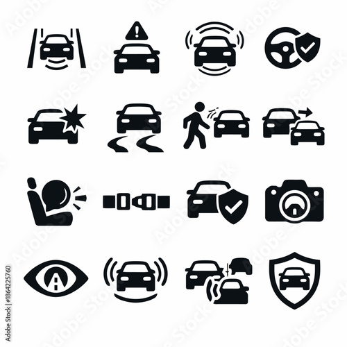 Car safety icons collection: warning, lane, crash, pedestrian, seatbelt, camera, eye, shield