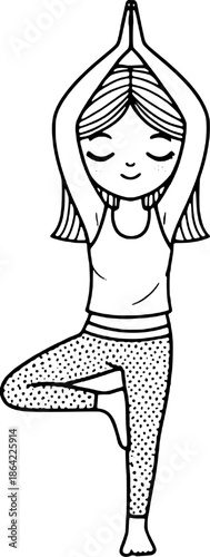 Cute Girl Practicing Tree Pose Yoga Illustration in Black and White Line Art for Balance, Fitness, Mindfulness, and Wellness Design