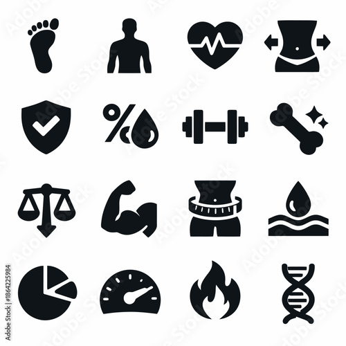 Fitness and health icons: exercise, nutrition, heart rate, and wellness symbols