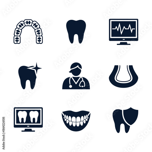 Dental health icons illustrating teeth orthodontics and overall oral care concepts