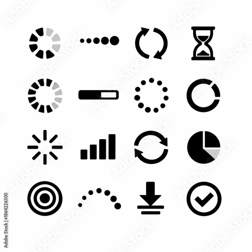 Set of 16 simple black and white loading and progress icons