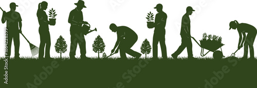 Green gardening silhouettes of people planting watering and working together symbolizing teamwork sustainability eco friendly community agriculture isolated on white background