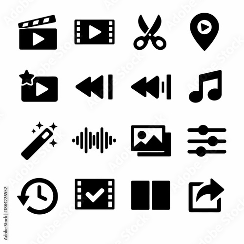 Set of 16 black video editing icons including clapperboard and scissors